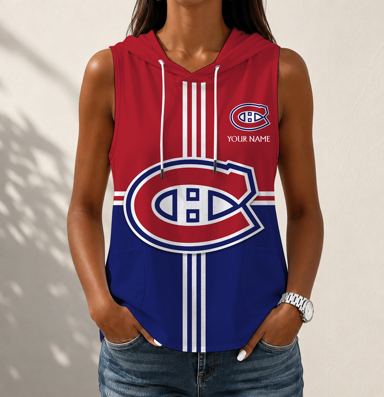 LIMITED EDITION - NEW CUSTOMIZED NHL11 MCD MONTREAL CANADIENS WOMEN'S SLEEVELESS HOODED POCKET TANK TOP