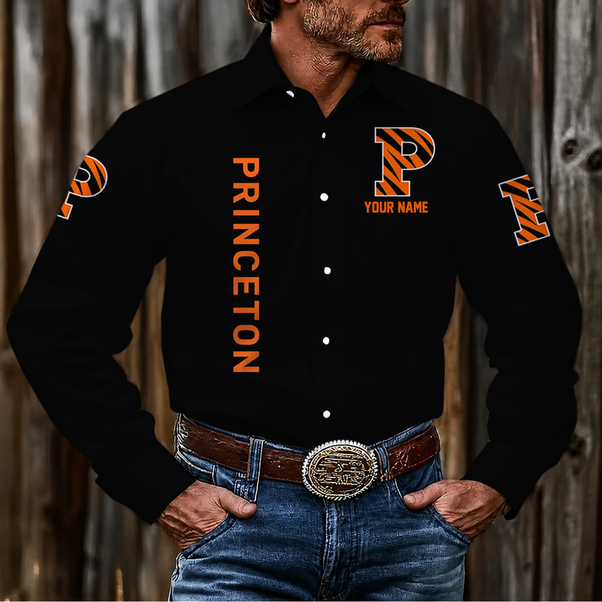VIRAL EDITION - NEW CUSTOMIZED NCAA CFH11 PRT PRINCETON TIGERS MEN'S LONG SLEEVE BUTTON-UP SHIRT