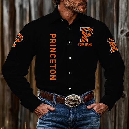 VIRAL EDITION - NEW CUSTOMIZED NCAA CFH11 PRT PRINCETON TIGERS MEN'S LONG SLEEVE BUTTON-UP SHIRT