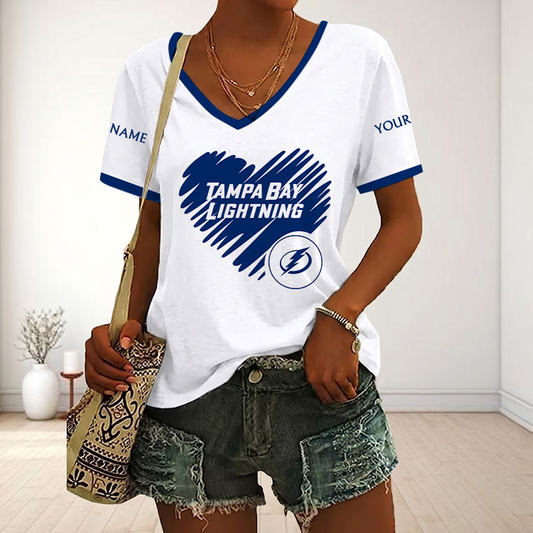 FINAL SALE - NEW CUSTOMIZED NHL12 TPL TAMPA BAY LIGHTNING V-NECK FEMALE SHIRT