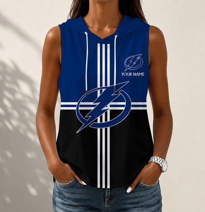 LIMITED EDITION - NEW CUSTOMIZED NHL12 TPL TAMPA BAY LIGHTNING WOMEN'S SLEEVELESS HOODED POCKET TANK TOP