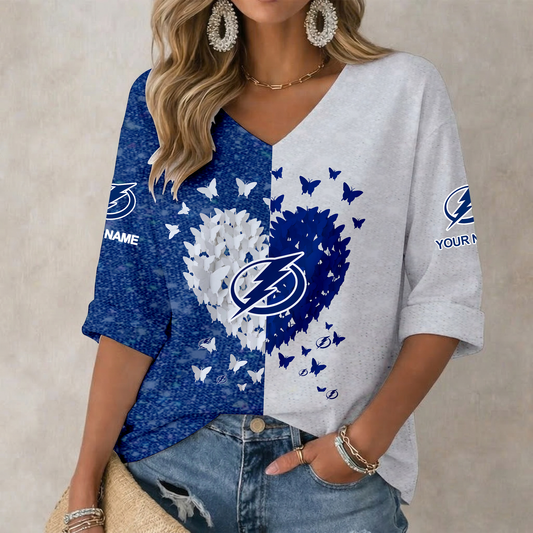 LIMITED EDITION - NEW CUSTOMIZED NHL12 TPL TAMPA BAY LIGHTNING WOMEN'S HEART V-NECK LONG SLEEVE SHIRT