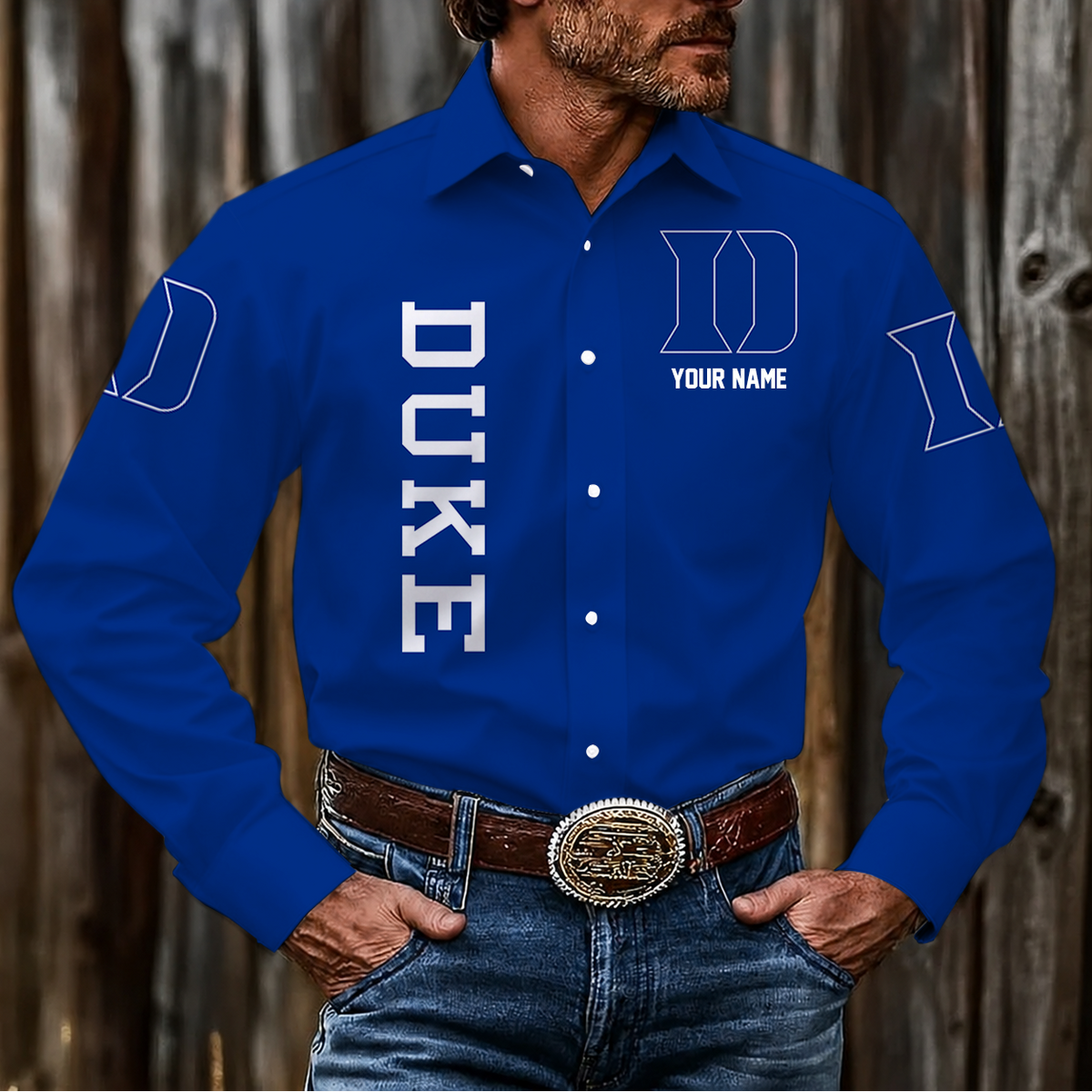 VIRAL EDITION - NEW CUSTOMIZED NCAA CFH13 DLD DUKE BLUE DEVILS MEN'S LONG SLEEVE BUTTON-UP SHIRT