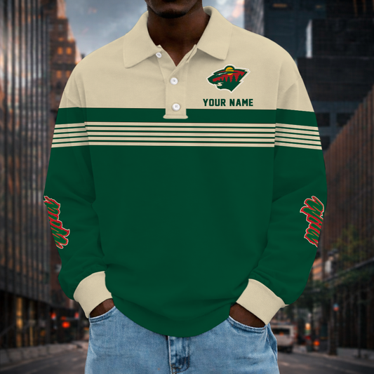 LIMITED EDITION - NEW CUSTOMIZED NHL13 MNW MINNESOTA WILD MEN LONG SLEEVE POLO