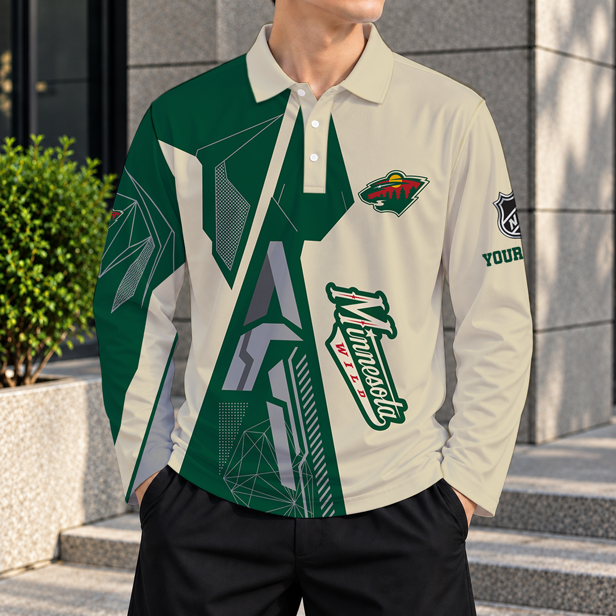 SPECIAL EDITION - NEW CUSTOMIZED NHL13 MNW MINNESOTA WILD MEN LONG SLEEVE POLO