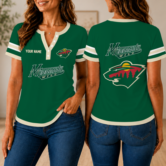 FINAL SALE - NEW CUSTOMIZED NHL13 MNW MINNESOTA WILD WOMEN'S SHORT SLEEVE HENLEY T-SHIRT