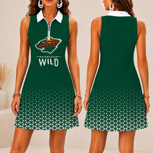 FLASH SALE - NEW CUSTOMIZED NHL13 MNW MINNESOTA WILD WOMEN'S ZIP SLEEVELESS POLO DRESS