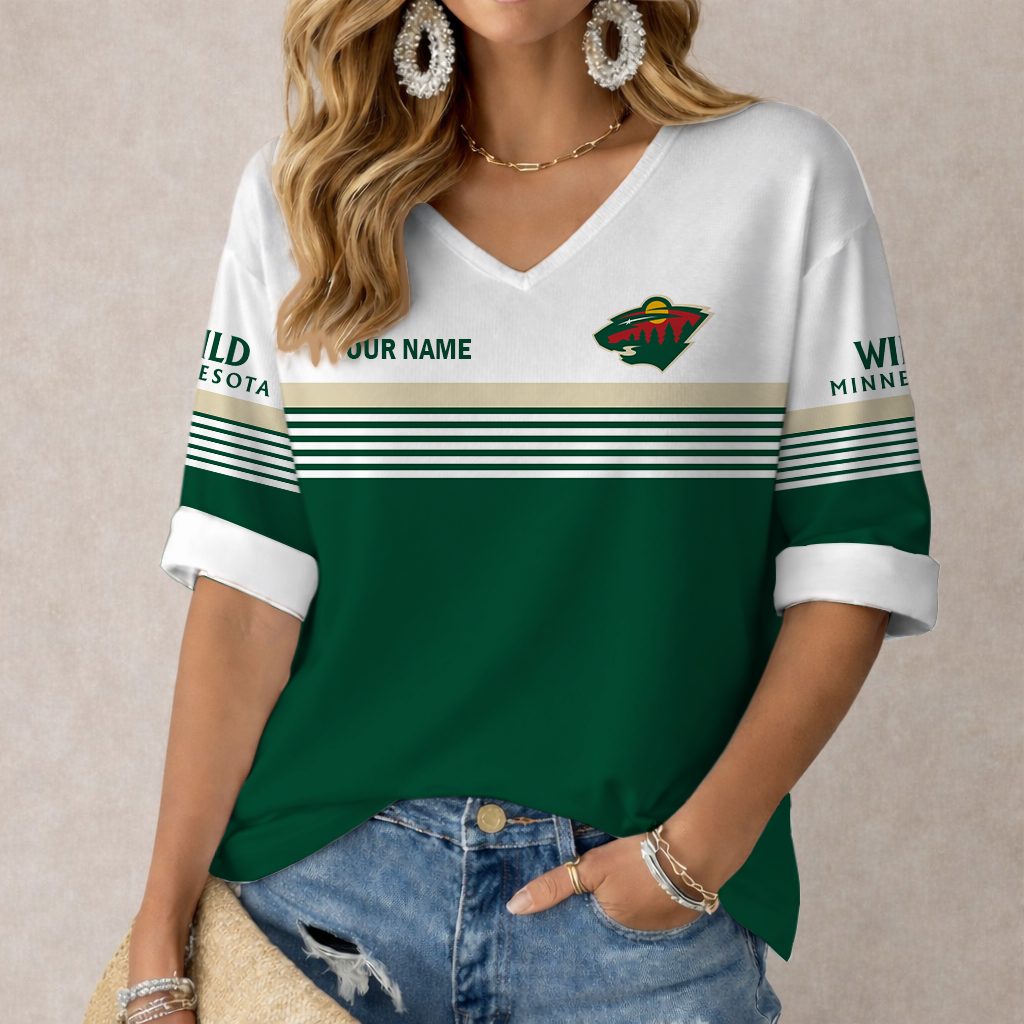 LIMITED EDITION - NEW CUSTOMIZED NHL13 MNW MINNESOTA WILD WOMEN'S HEART V-NECK LONG SLEEVE SHIRT