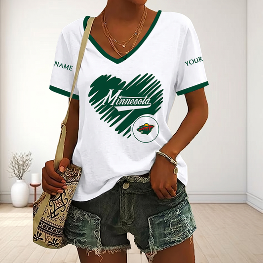 FINAL SALE - NEW CUSTOMIZED NHL13 MNW MINNESOTA WILD V-NECK FEMALE SHIRT