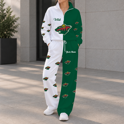 SPECIAL EDITION - NEW CUSTOMIZED NHL13 MNW MINNESOTA WILD ZIPPER SWEATSHIRT & WIDE LEG PANTS SET