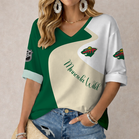 FLASH SALE - NEW CUSTOMIZED NHL13 MNW MINNESOTA WILD WOMEN'S V-NECK LONG SLEEVE SHIRT