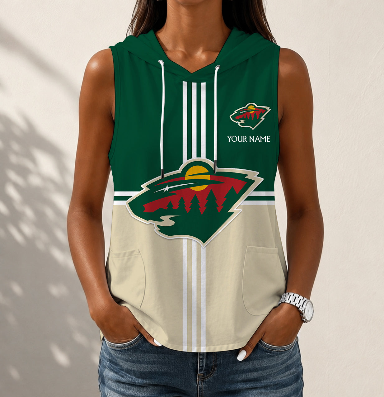 LIMITED EDITION - NEW CUSTOMIZED NHL13 MNW MINNESOTA WILD WOMEN'S SLEEVELESS HOODED POCKET TANK TOP