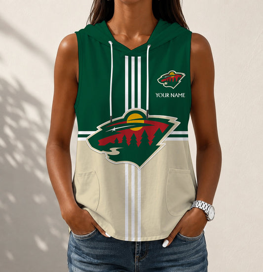 LIMITED EDITION - NEW CUSTOMIZED NHL13 MNW MINNESOTA WILD WOMEN'S SLEEVELESS HOODED POCKET TANK TOP