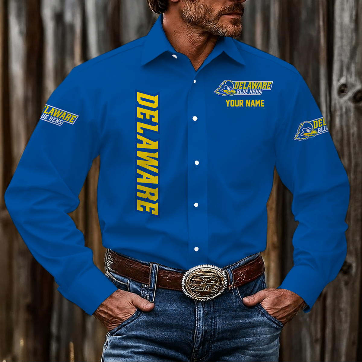 VIRAL EDITION - NEW CUSTOMIZED NCAA CFH14 DFH DELAWARE FIGHTIN' BLUE HENS MEN'S LONG SLEEVE BUTTON-UP SHIRT