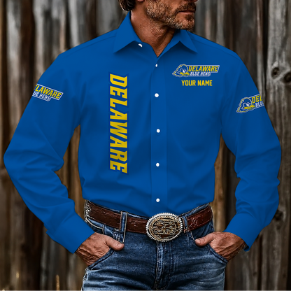 VIRAL EDITION - NEW CUSTOMIZED NCAA CFH14 DFH DELAWARE FIGHTIN' BLUE HENS MEN'S LONG SLEEVE BUTTON-UP SHIRT