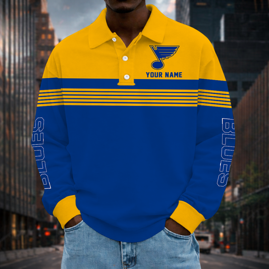 LIMITED EDITION - NEW CUSTOMIZED NHL14 SLB ST. LOUIS BLUES MEN LONG SLEEVE POLO