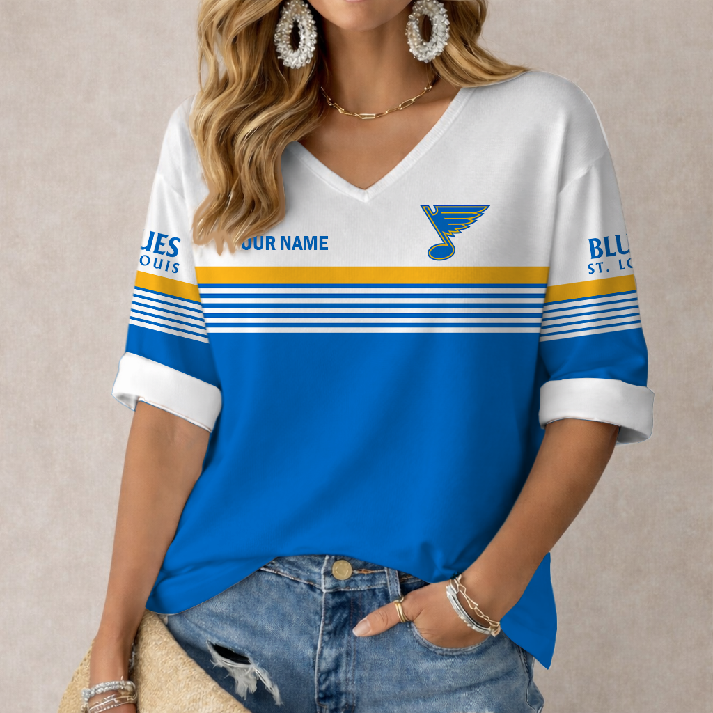 LIMITED EDITION - NEW CUSTOMIZED NHL14 SLB ST. LOUIS BLUES WOMEN'S HEART V-NECK LONG SLEEVE SHIRT
