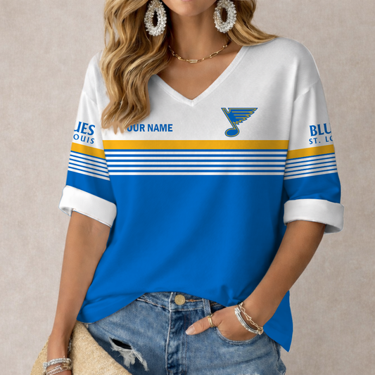 LIMITED EDITION - NEW CUSTOMIZED NHL14 SLB ST. LOUIS BLUES WOMEN'S HEART V-NECK LONG SLEEVE SHIRT