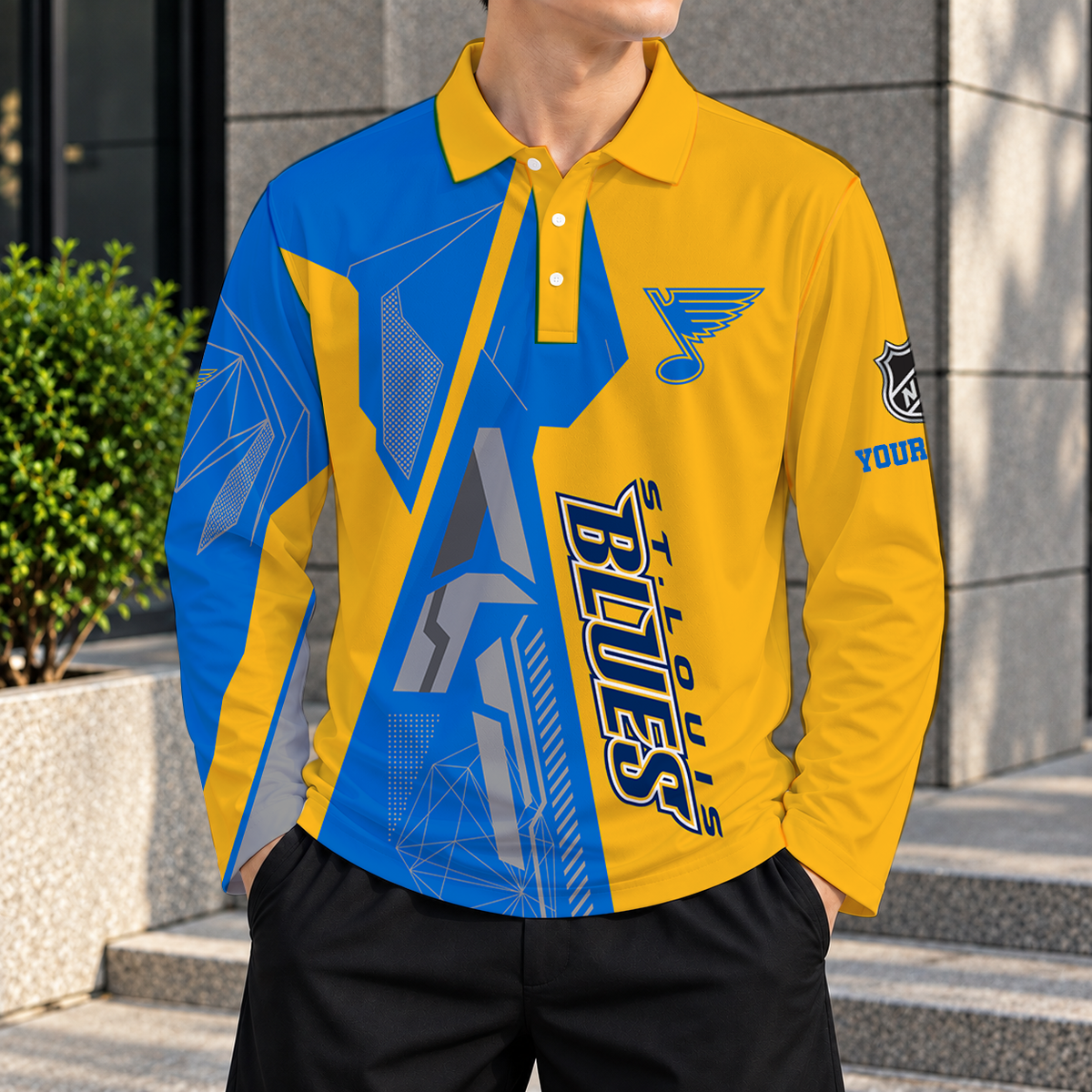 SPECIAL EDITION - NEW CUSTOMIZED NHL14 SLB ST. LOUIS BLUES MEN LONG SLEEVE POLO