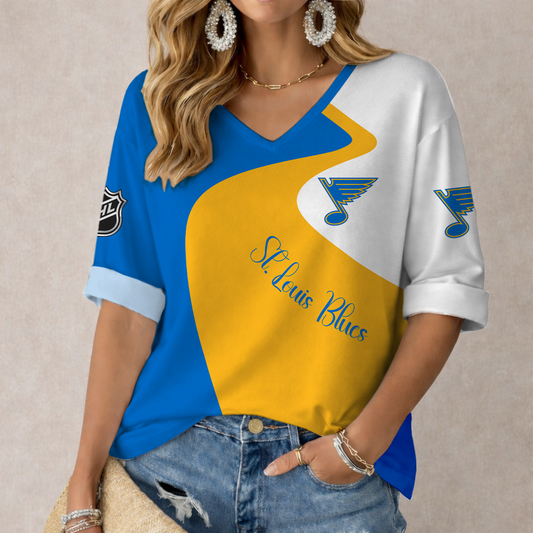FLASH SALE - NEW CUSTOMIZED NHL14 SLB ST. LOUIS BLUES WOMEN'S V-NECK LONG SLEEVE SHIRT