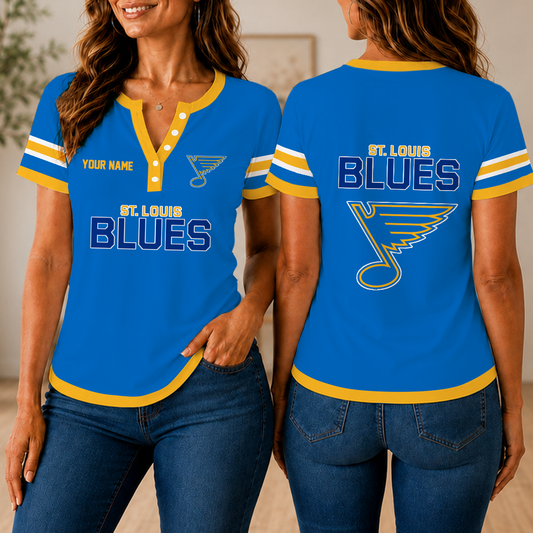 FINAL SALE - NEW CUSTOMIZED NHL14 SLB ST. LOUIS BLUES WOMEN'S SHORT SLEEVE HENLEY T-SHIRT