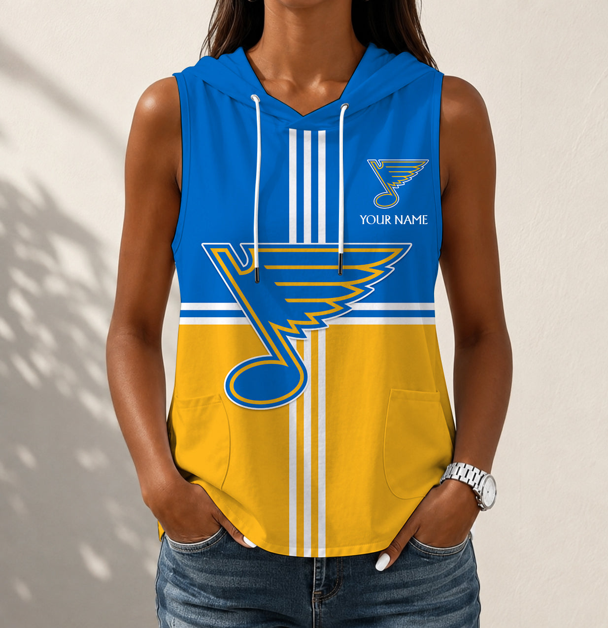 LIMITED EDITION - NEW CUSTOMIZED NHL14 SLB ST. LOUIS BLUES WOMEN'S SLEEVELESS HOODED POCKET TANK TOP