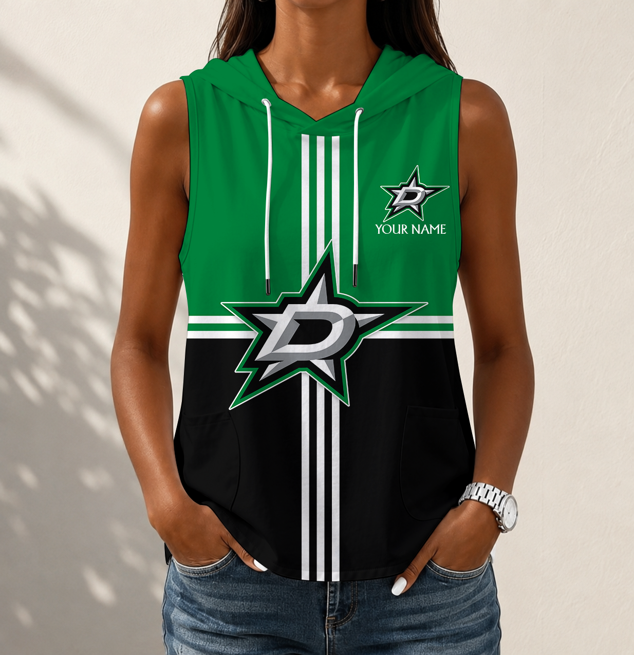LIMITED EDITION - NEW CUSTOMIZED NHL15 DLS DALLAS STARS WOMEN'S SLEEVELESS HOODED POCKET TANK TOP