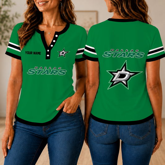 FINAL SALE - NEW CUSTOMIZED NHL15 DLS DALLAS STARS WOMEN'S SHORT SLEEVE HENLEY T-SHIRT