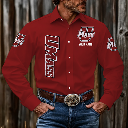 VIRAL EDITION - NEW CUSTOMIZED NCAA CFH15 UMM UMASS MINUTEWOMEN MEN'S LONG SLEEVE BUTTON-UP SHIRT