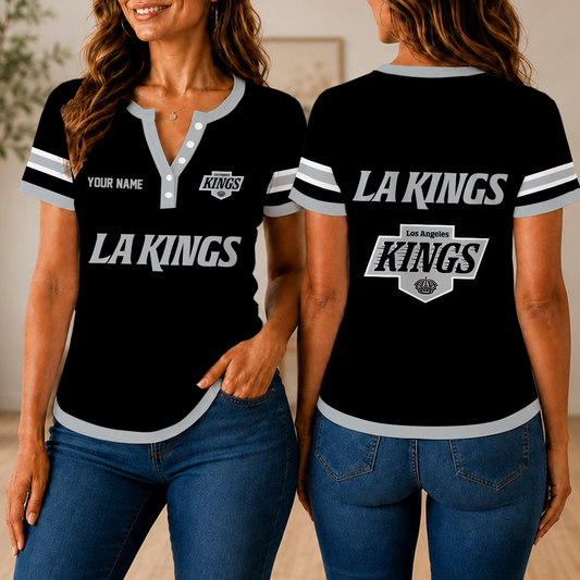 FINAL SALE - NEW CUSTOMIZED NHL16 LAK LOS ANGELES KINGS WOMEN'S SHORT SLEEVE HENLEY T-SHIRT