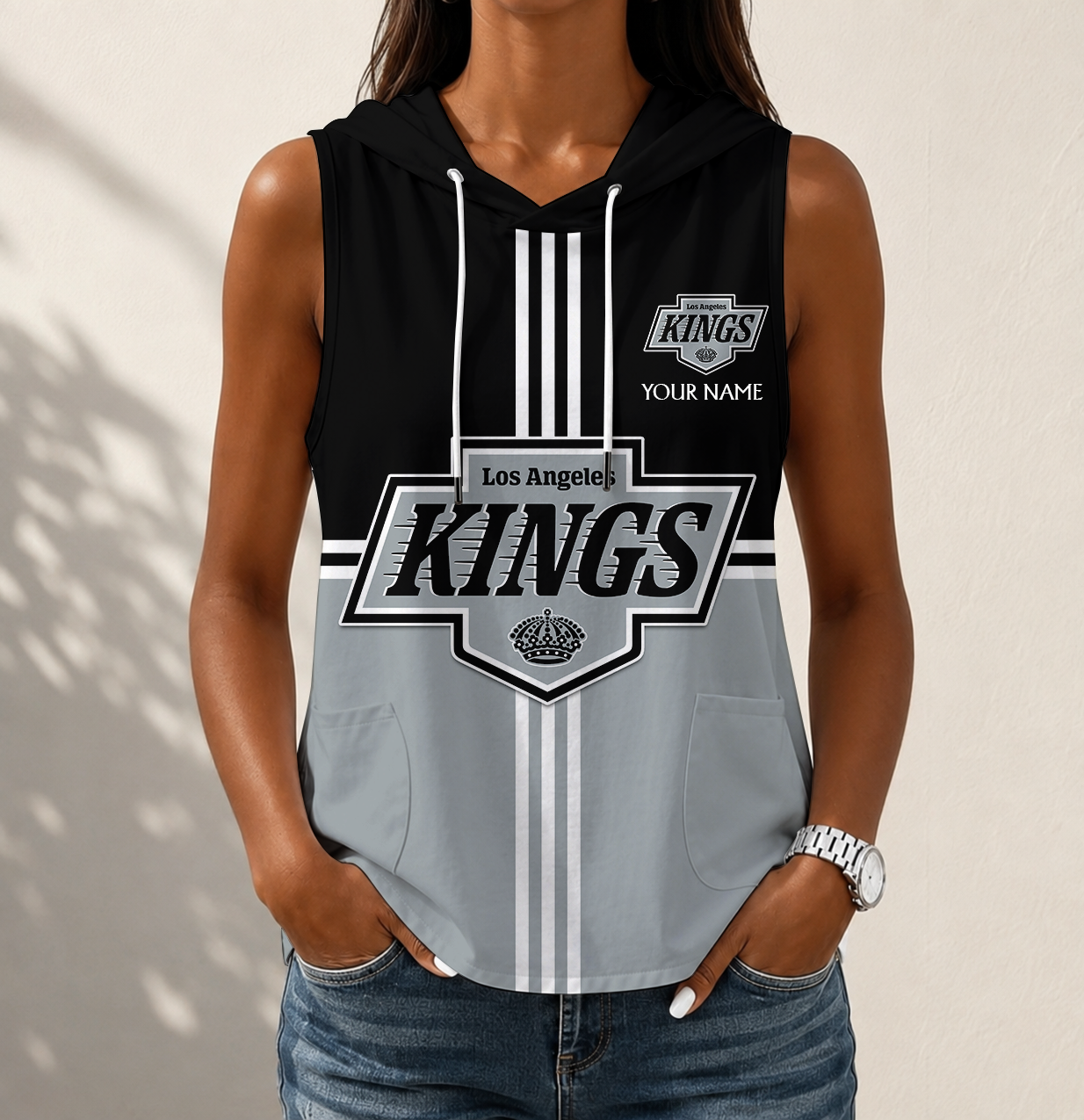 LIMITED EDITION - NEW CUSTOMIZED NHL16 LAK LOS ANGELES KINGS WOMEN'S SLEEVELESS HOODED POCKET TANK TOP