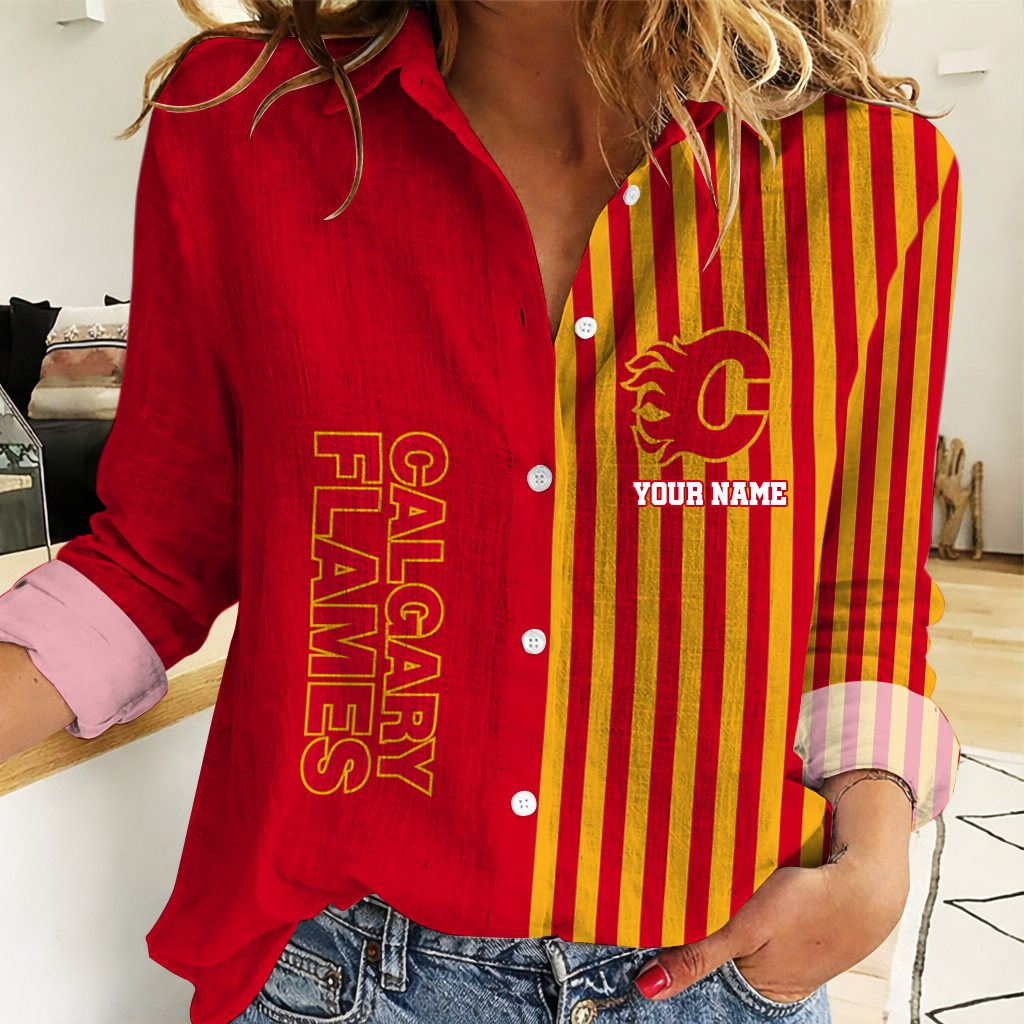 FINAL SALE - NEW CUSTOMIZED NHL17 CGF CALGARY FLAMES WOMEN CASUAL SHIRT