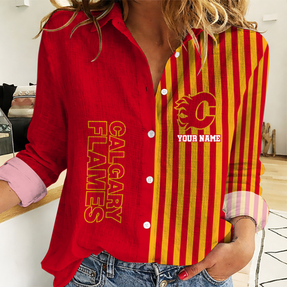 FINAL SALE - NEW CUSTOMIZED NHL17 CGF CALGARY FLAMES WOMEN CASUAL SHIRT
