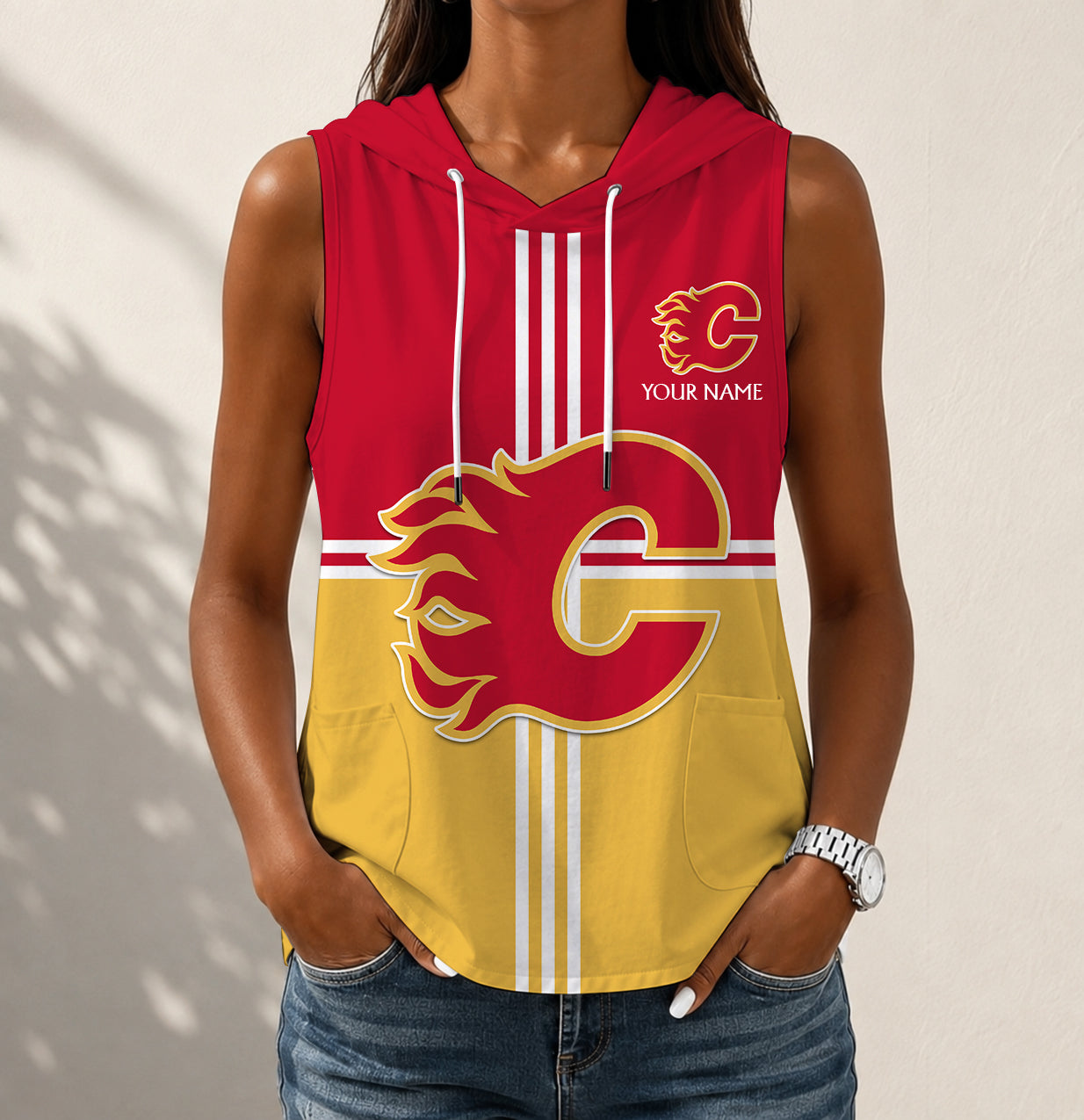 LIMITED EDITION - NEW CUSTOMIZED NHL17 CGF CALGARY FLAMES WOMEN'S SLEEVELESS HOODED POCKET TANK TOP