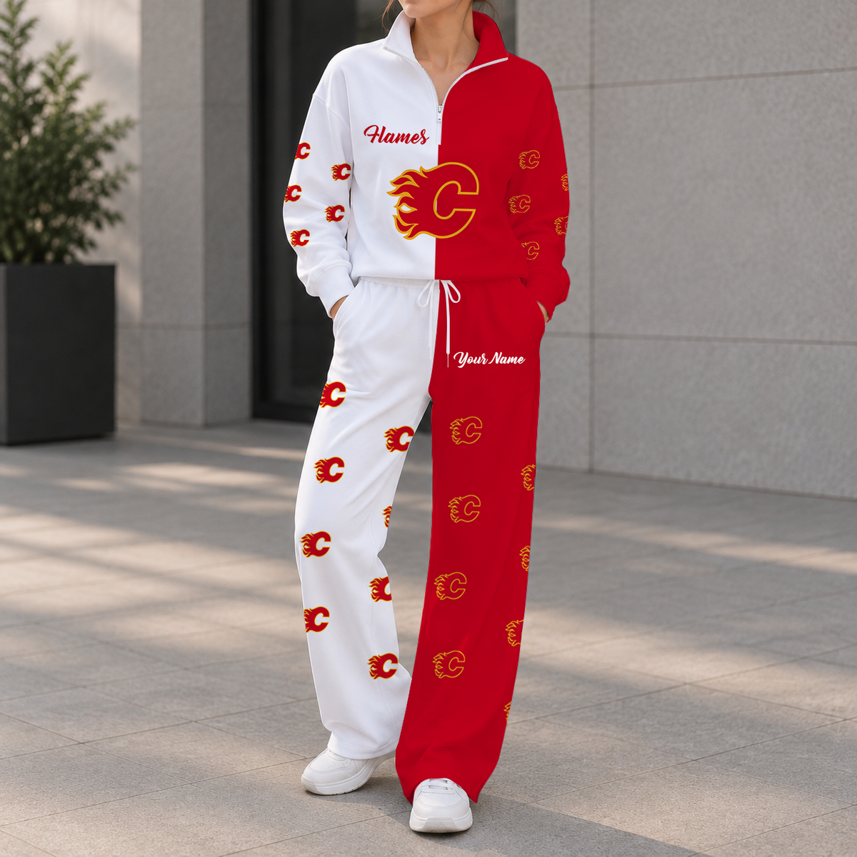 SPECIAL EDITION - NEW CUSTOMIZED NHL17 CGF CALGARY FLAMES ZIPPER SWEATSHIRT & WIDE LEG PANTS SET