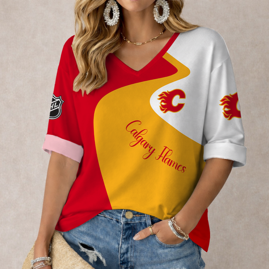 FLASH SALE - NEW CUSTOMIZED NHL17 CGF CALGARY FLAMES WOMEN'S V-NECK LONG SLEEVE SHIRT