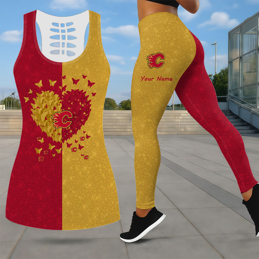 LIMITED EDITION - NEW CUSTOMIZED NHL17 CGF CALGARY FLAMES LEGGINGS & HOLLOW TANK TOP SET
