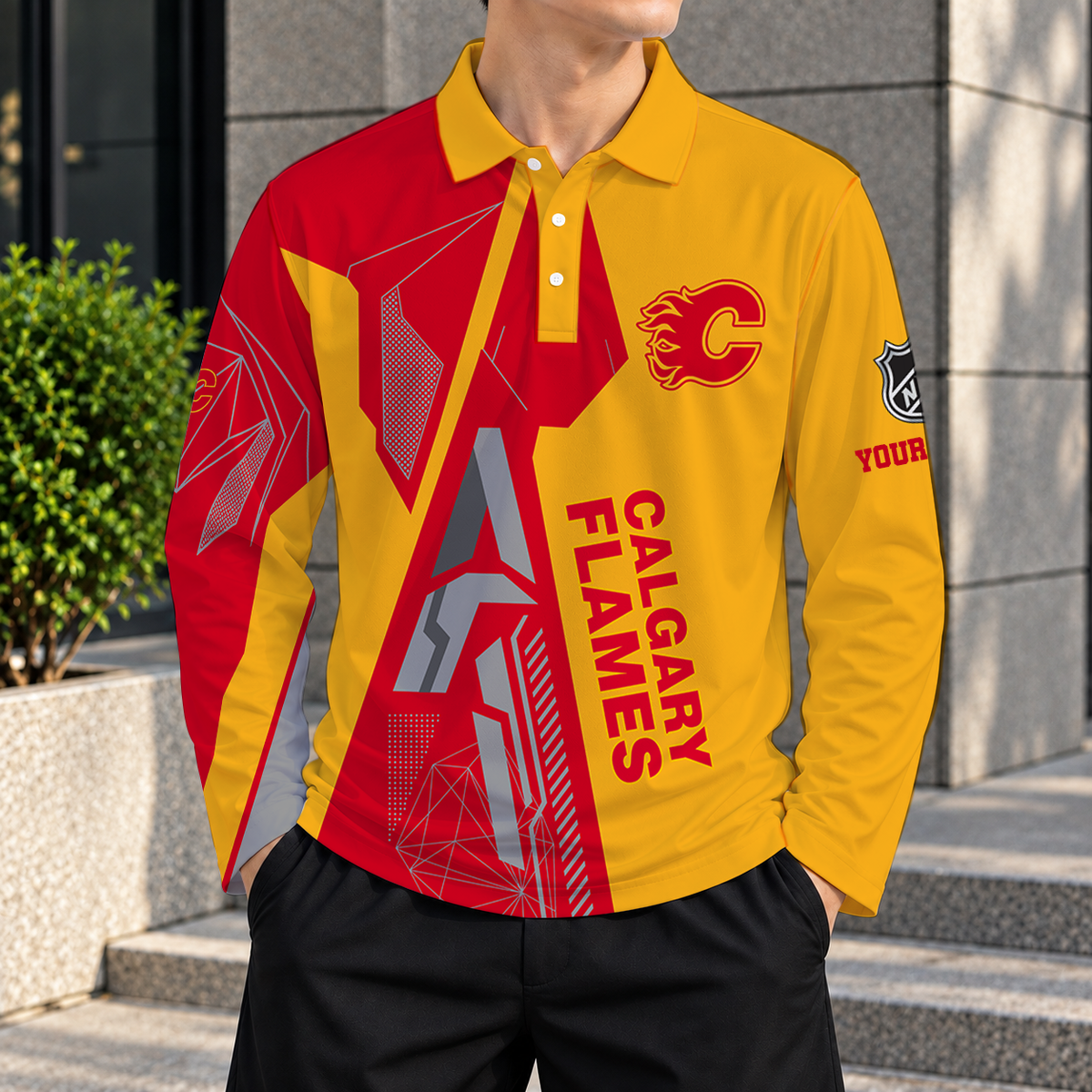 SPECIAL EDITION - NEW CUSTOMIZED NHL17 CGF CALGARY FLAMES MEN LONG SLEEVE POLO