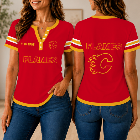 FINAL SALE - NEW CUSTOMIZED NHL17 CGF CALGARY FLAMES WOMEN'S SHORT SLEEVE HENLEY T-SHIRT