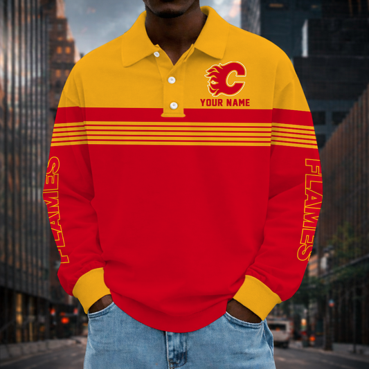 LIMITED EDITION - NEW CUSTOMIZED NHL17 CGF CALGARY FLAMES MEN LONG SLEEVE POLO