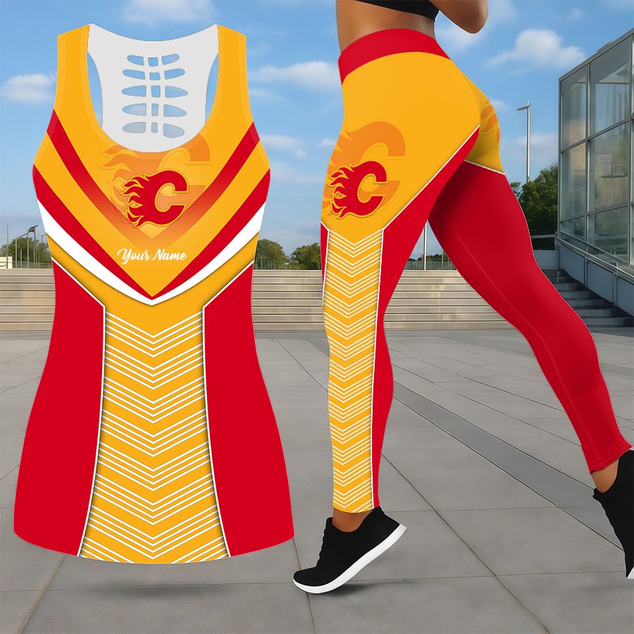SPECIAL EDITION - NEW CUSTOMIZED NHL17 CGF CALGARY FLAMES LEGGINGS & HOLLOW TANK TOP SET