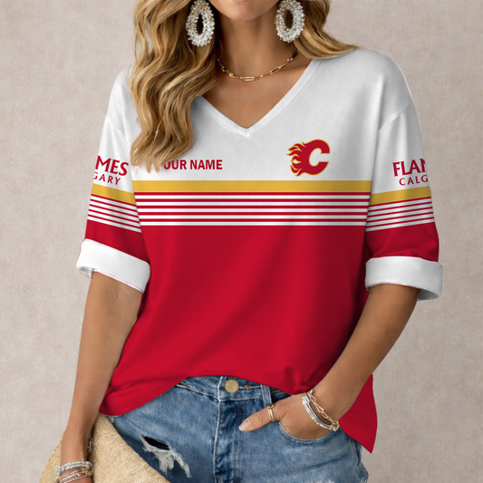 LIMITED EDITION - NEW CUSTOMIZED NHL17 CGF CALGARY FLAMES WOMEN'S HEART V-NECK LONG SLEEVE SHIRT