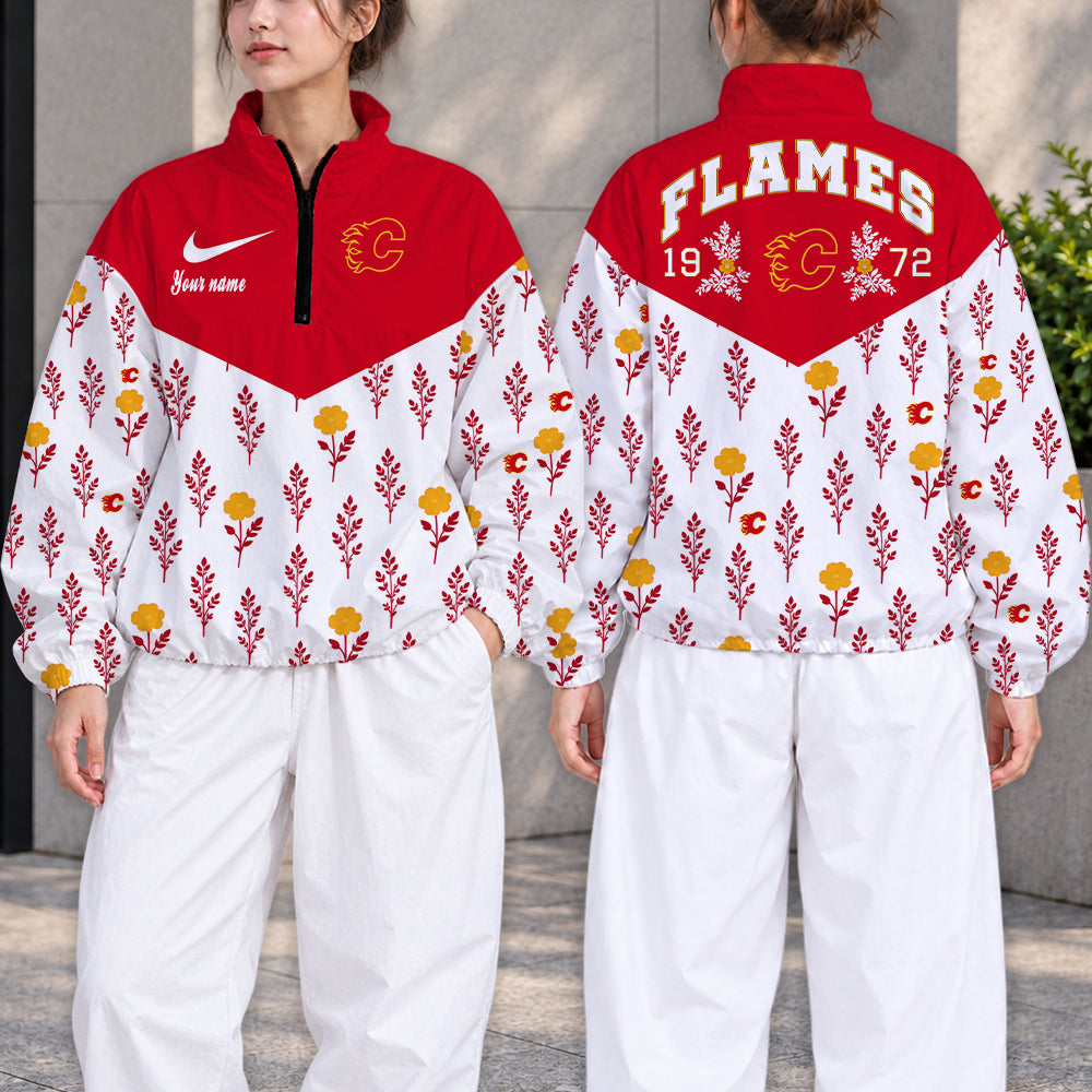 LIMITED EDITION - NEW CUSTOMIZED NHL17 CGF CALGARY FLAMES V-NECK ZIPPER SWEATSHIRT JACKET