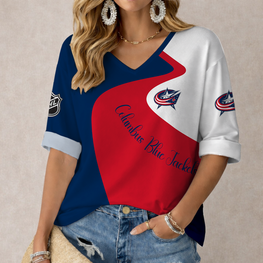 FLASH SALE - NEW CUSTOMIZED NHL18 CBJ COLUMBUS BLUE JACKETS WOMEN'S V-NECK LONG SLEEVE SHIRT