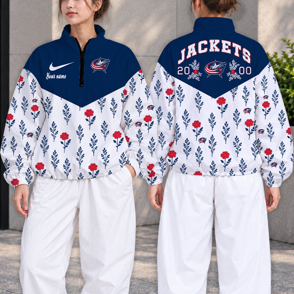 LIMITED EDITION - NEW CUSTOMIZED NHL18 CBJ COLUMBUS BLUE JACKETS V-NECK ZIPPER SWEATSHIRT JACKET
