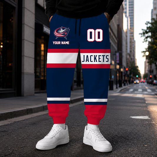 HOT DEAL - NEW CUSTOMIZED NHL18 CBJ COLUMBUS BLUE JACKETS SWEATPANTS