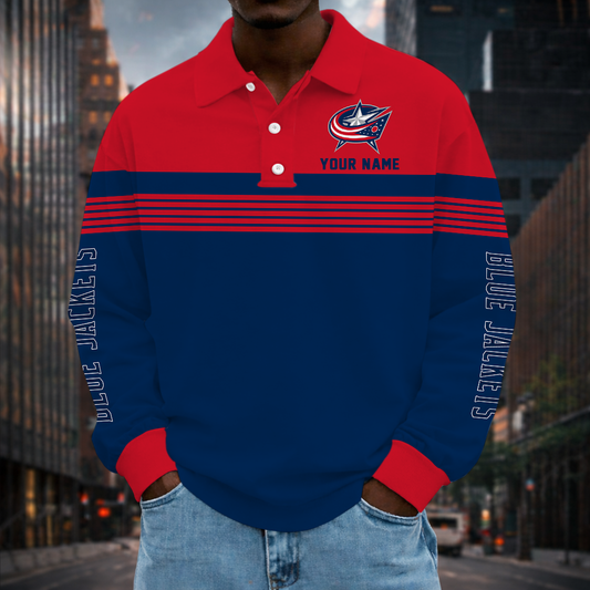 LIMITED EDITION - NEW CUSTOMIZED NHL18 CBJ COLUMBUS BLUE JACKETS MEN LONG SLEEVE POLO
