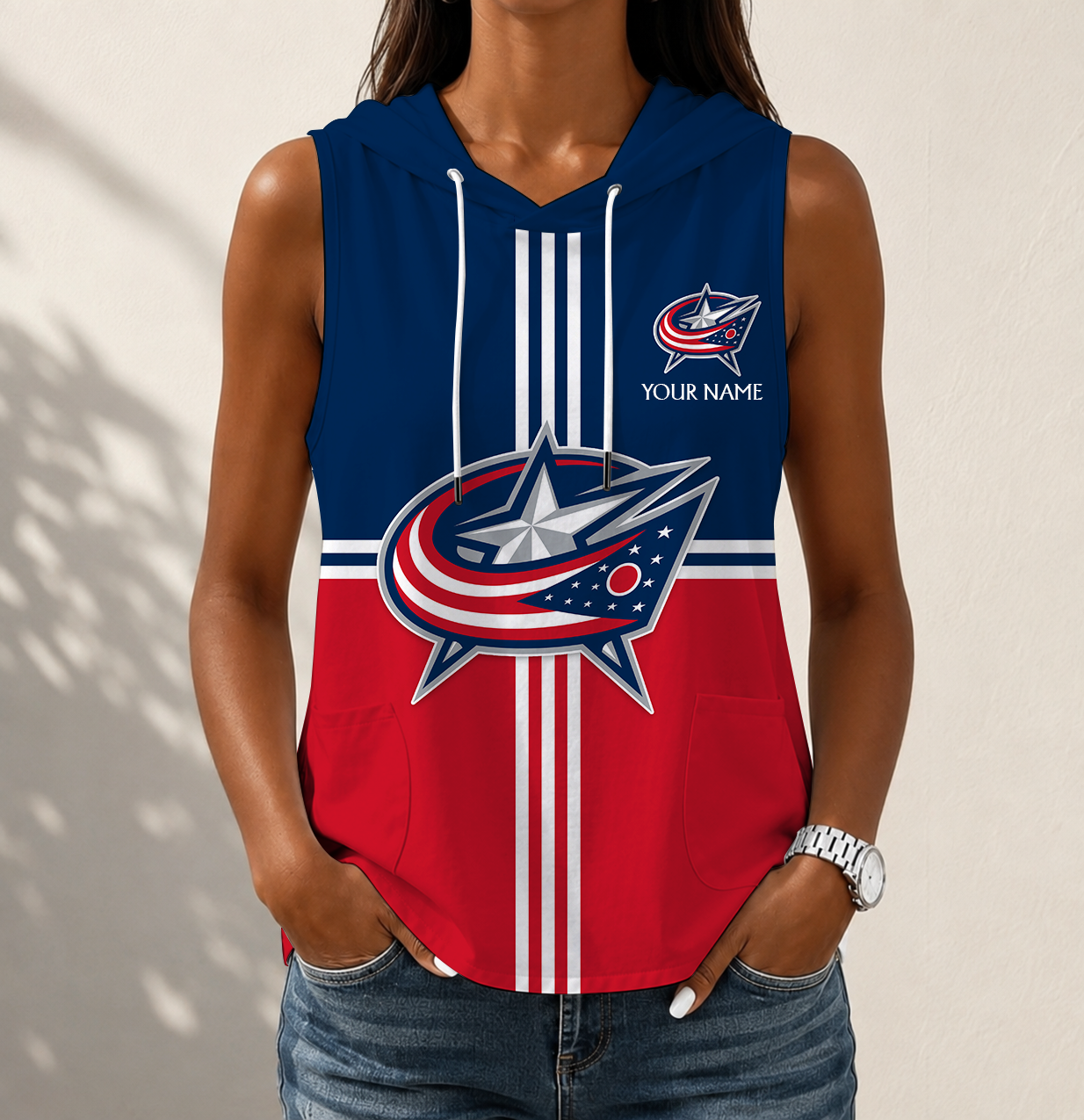 LIMITED EDITION - NEW CUSTOMIZED NHL18 CBJ COLUMBUS BLUE JACKETS WOMEN'S SLEEVELESS HOODED POCKET TANK TOP