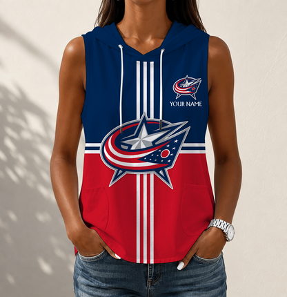 LIMITED EDITION - NEW CUSTOMIZED NHL18 CBJ COLUMBUS BLUE JACKETS WOMEN'S SLEEVELESS HOODED POCKET TANK TOP