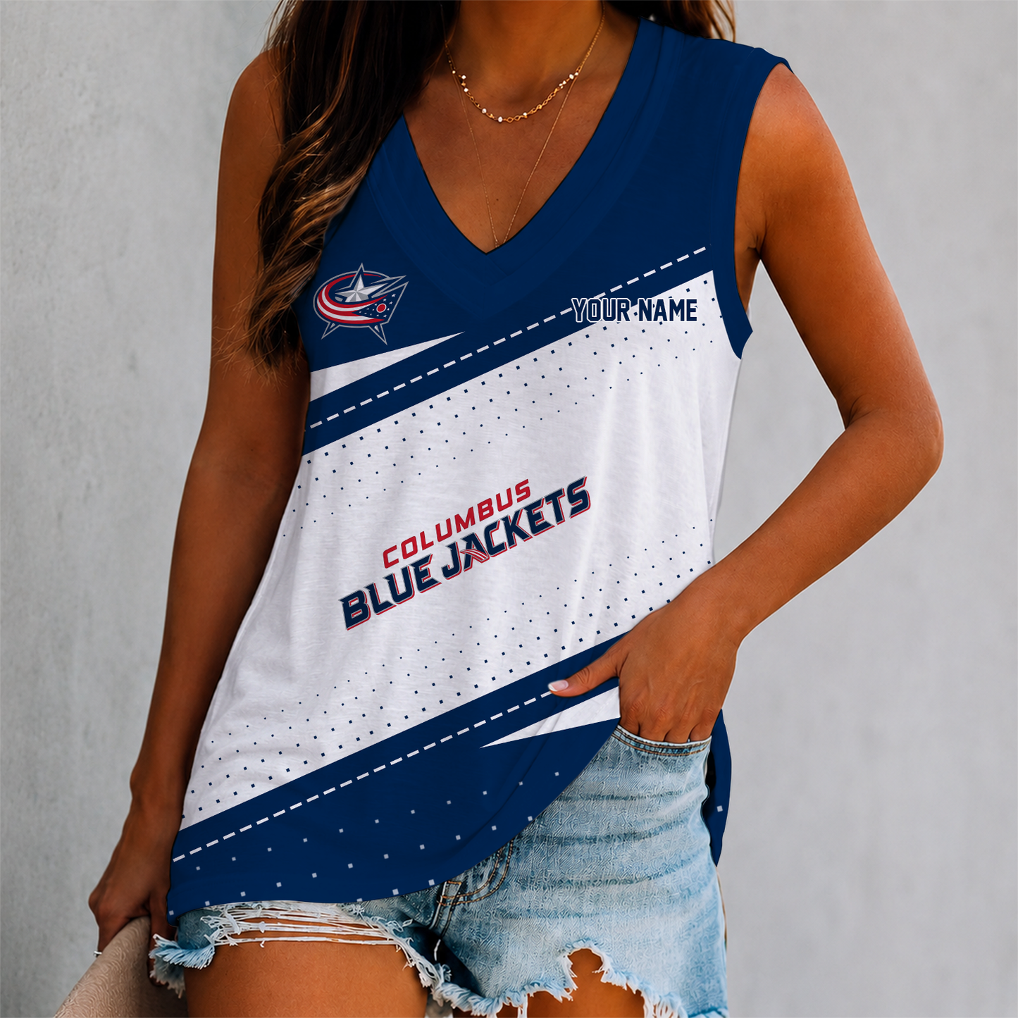 FINAL SALE - NEW CUSTOMIZED NHL18 CBJ COLUMBUS BLUE JACKETS WOMEN'S V-NECK TANK TOP